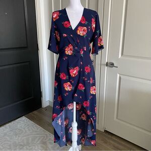 Aritzia Brand Babaton Navy Floral Wrap Flutter Sleeve High-Low Dress Size 4